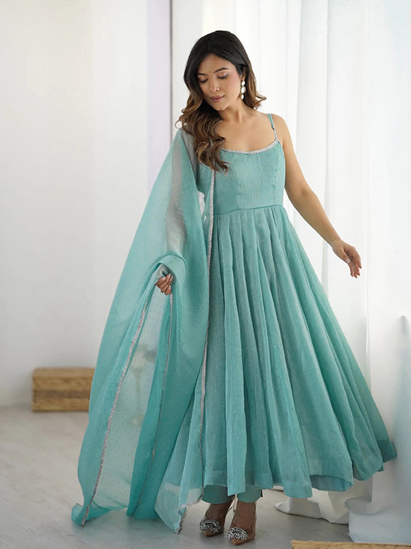 Sky Blue Siroski Work Anarkali Gown With Pant & Dupatta Set