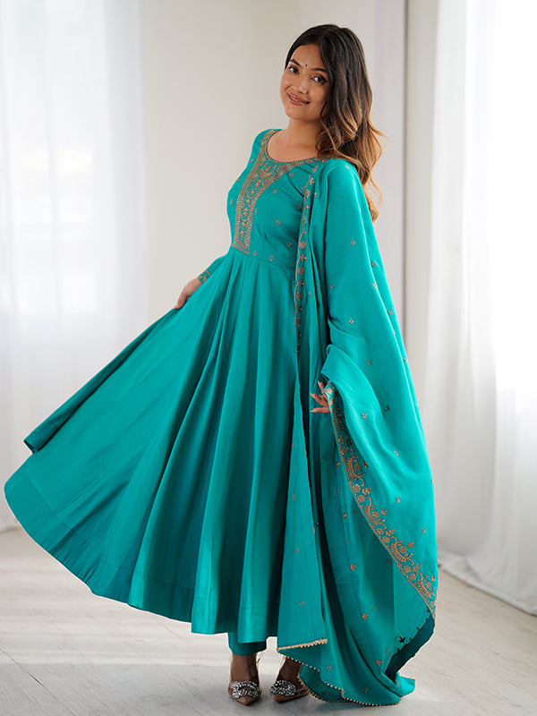 Rama Blue Hand Work Umbrella Flair Roman Chanderi Silk Gown With Dupatta