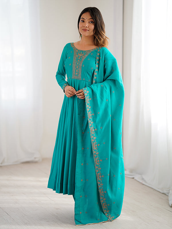 Rama Blue Hand Work Umbrella Flair Roman Chanderi Silk Gown With Dupatta