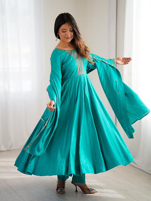 Rama Blue Hand Work Umbrella Flair Roman Chanderi Silk Gown With Dupatta