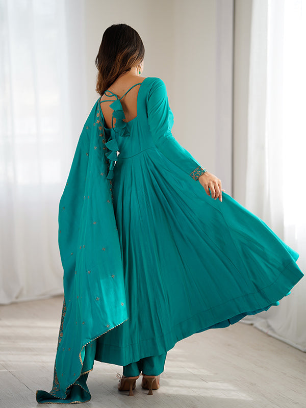 Rama Blue Hand Work Umbrella Flair Roman Chanderi Silk Gown With Dupatta
