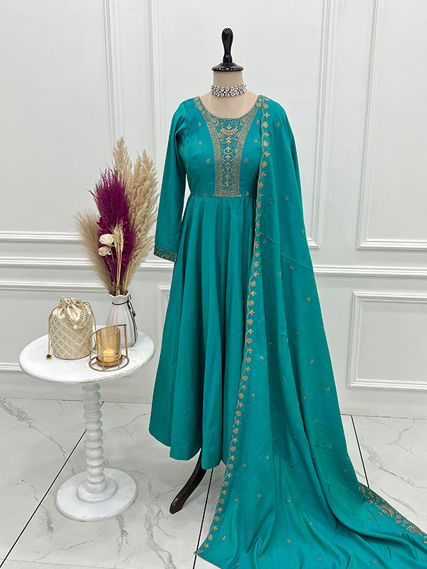 Rama Blue Hand Work Umbrella Flair Roman Chanderi Silk Gown With Dupatta