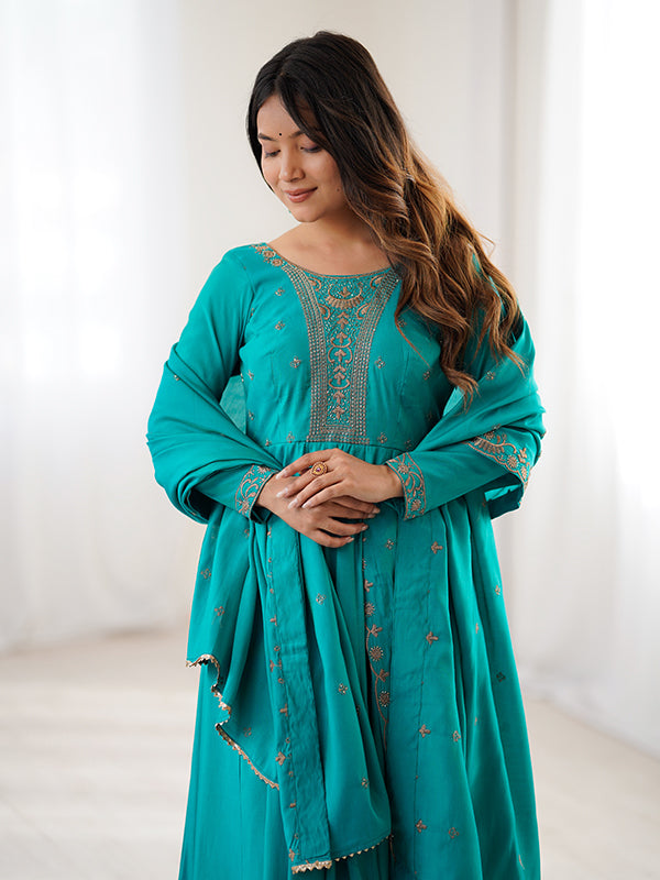 Rama Blue Hand Work Umbrella Flair Roman Chanderi Silk Gown With Dupatta
