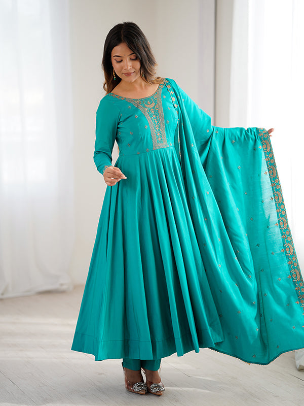 Rama Blue Hand Work Umbrella Flair Roman Chanderi Silk Gown With Dupatta