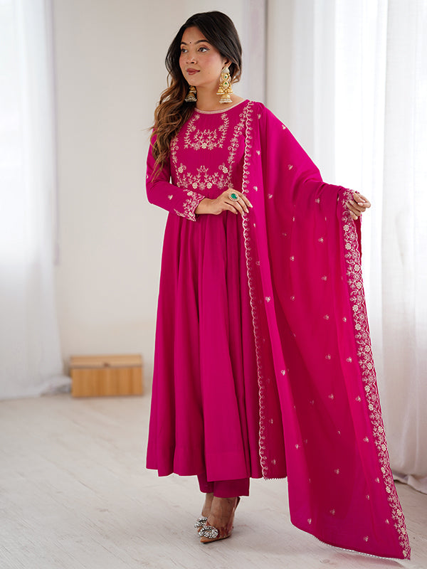 Dark Pink Hand Work Umbrella Flair Roman Chanderi Silk Gown With Dupatta