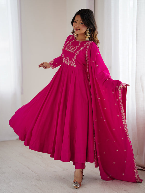 Dark Pink Hand Work Umbrella Flair Roman Chanderi Silk Gown With Dupatta
