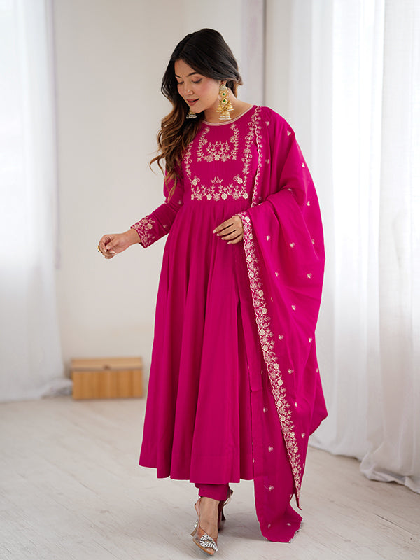 Dark Pink Hand Work Umbrella Flair Roman Chanderi Silk Gown With Dupatta