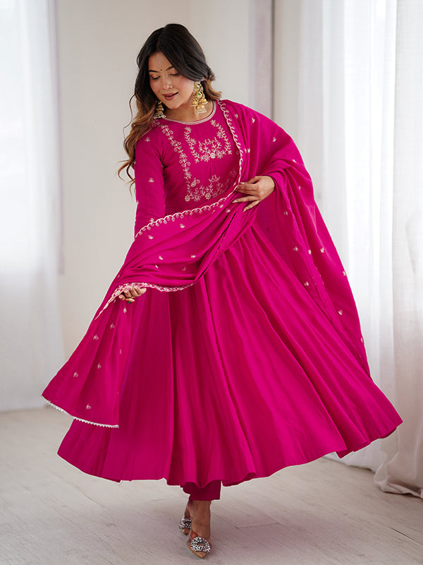 Dark Pink Hand Work Umbrella Flair Roman Chanderi Silk Gown With Dupatta