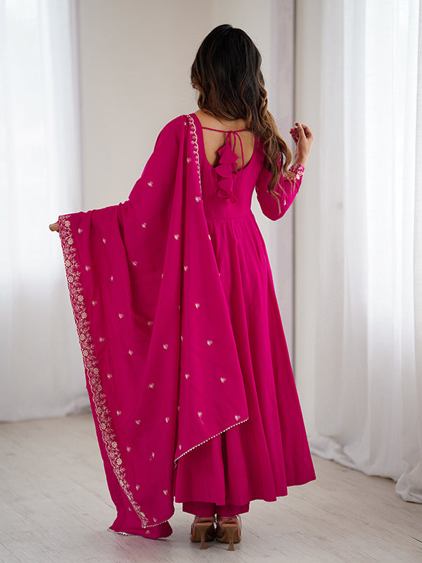 Dark Pink Hand Work Umbrella Flair Roman Chanderi Silk Gown With Dupatta