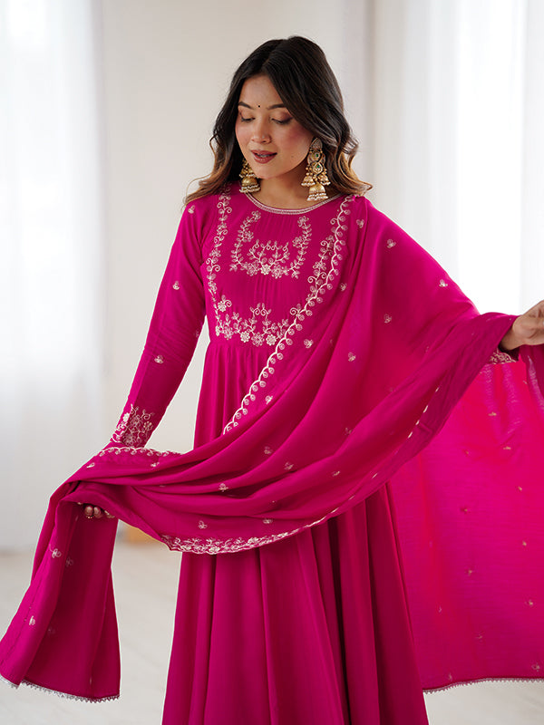 Dark Pink Hand Work Umbrella Flair Roman Chanderi Silk Gown With Dupatta