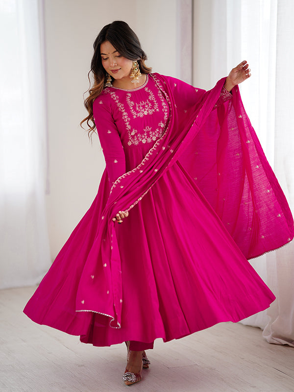 Dark Pink Hand Work Umbrella Flair Roman Chanderi Silk Gown With Dupatta