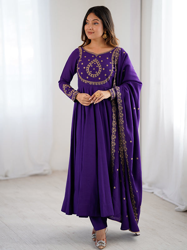 Purple Hand Work Umbrella Flair Roman Chanderi Silk Gown With Dupatta