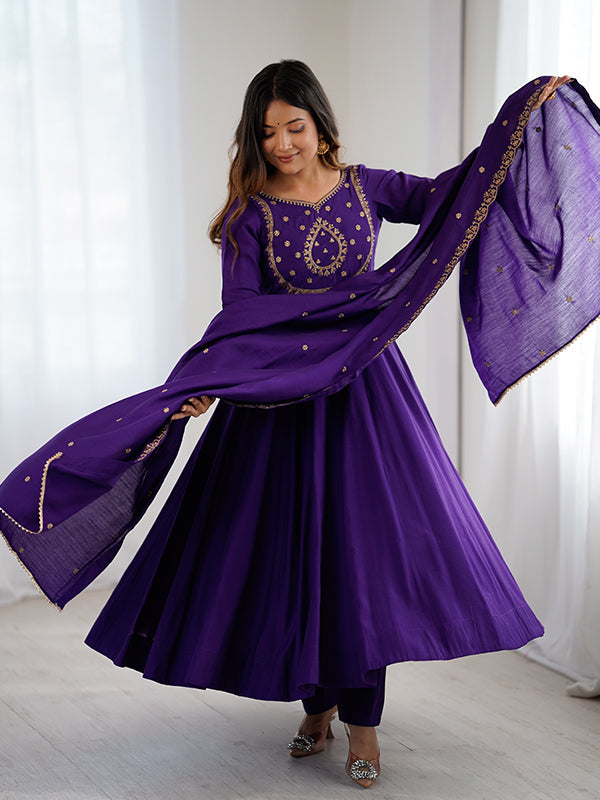 Purple Hand Work Umbrella Flair Roman Chanderi Silk Gown With Dupatta