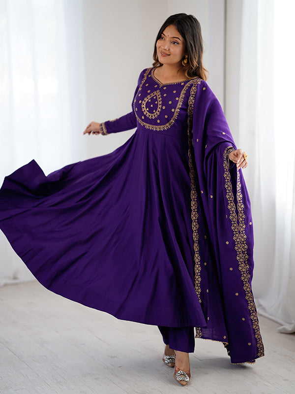 Purple Hand Work Umbrella Flair Roman Chanderi Silk Gown With Dupatta