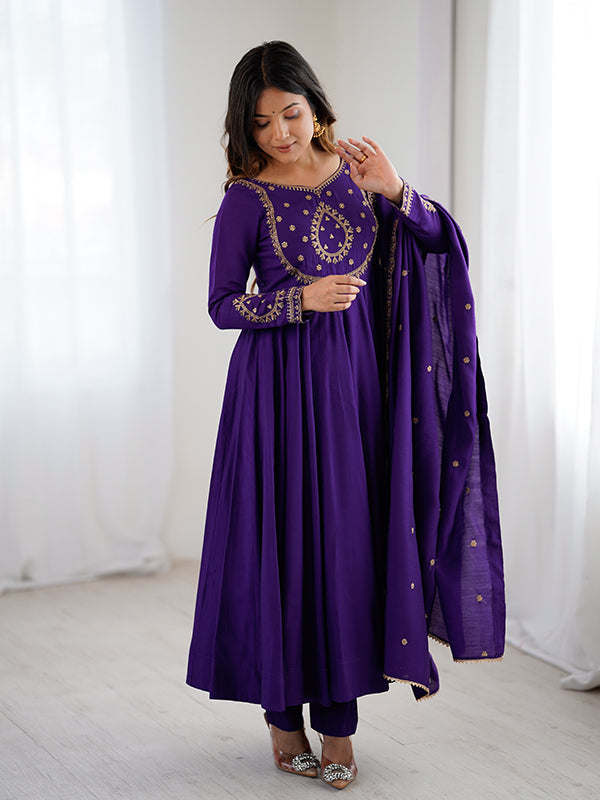 Purple Hand Work Umbrella Flair Roman Chanderi Silk Gown With Dupatta