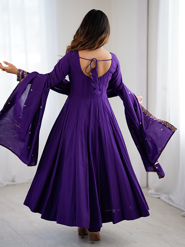 Purple Hand Work Umbrella Flair Roman Chanderi Silk Gown With Dupatta