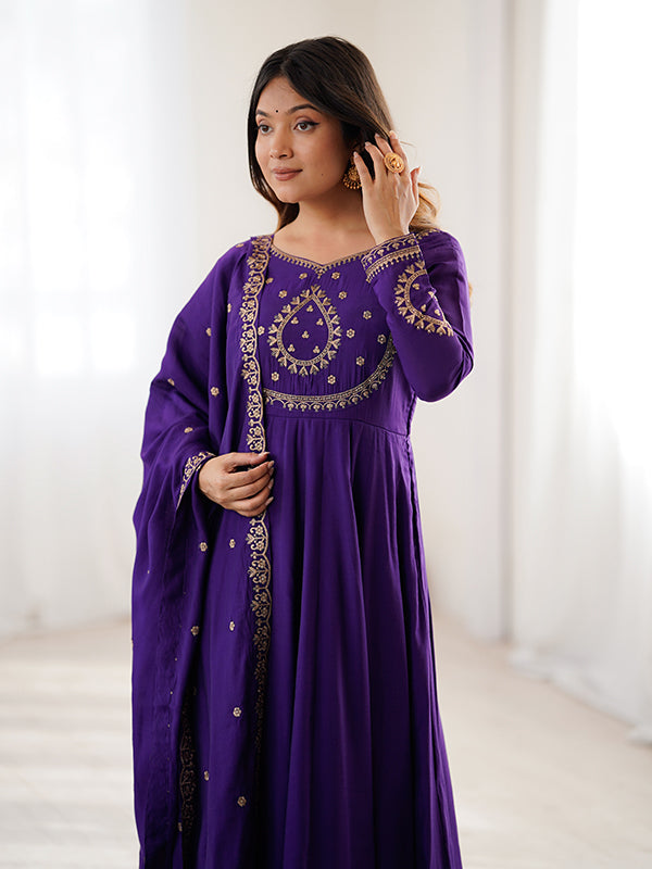 Purple Hand Work Umbrella Flair Roman Chanderi Silk Gown With Dupatta