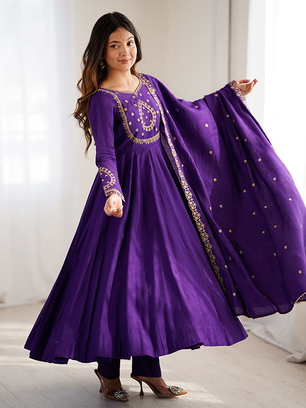 Purple Hand Work Umbrella Flair Roman Chanderi Silk Gown With Dupatta