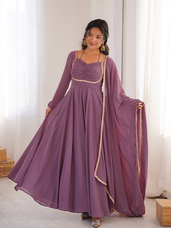 Mauve Pink Fox Georgette Umbrella Flair Fancy Neck Gown With Dupatta