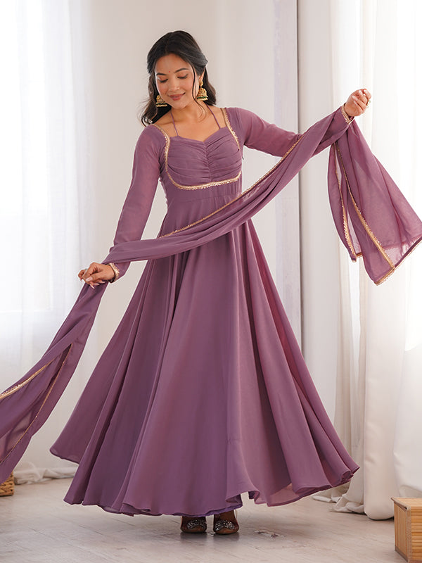 Mauve Pink Fox Georgette Umbrella Flair Fancy Neck Gown With Dupatta