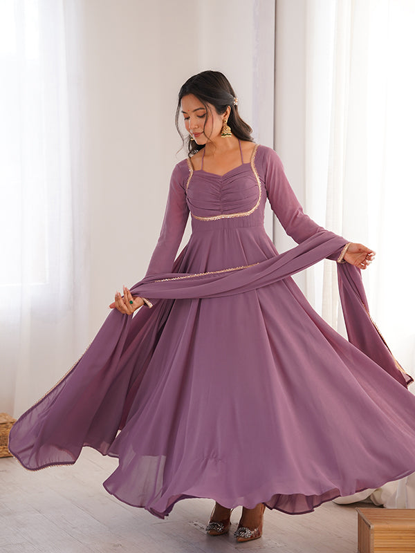 Mauve Pink Fox Georgette Umbrella Flair Fancy Neck Gown With Dupatta