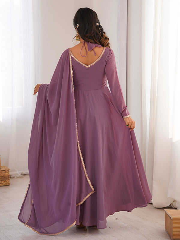 Mauve Pink Fox Georgette Umbrella Flair Fancy Neck Gown With Dupatta