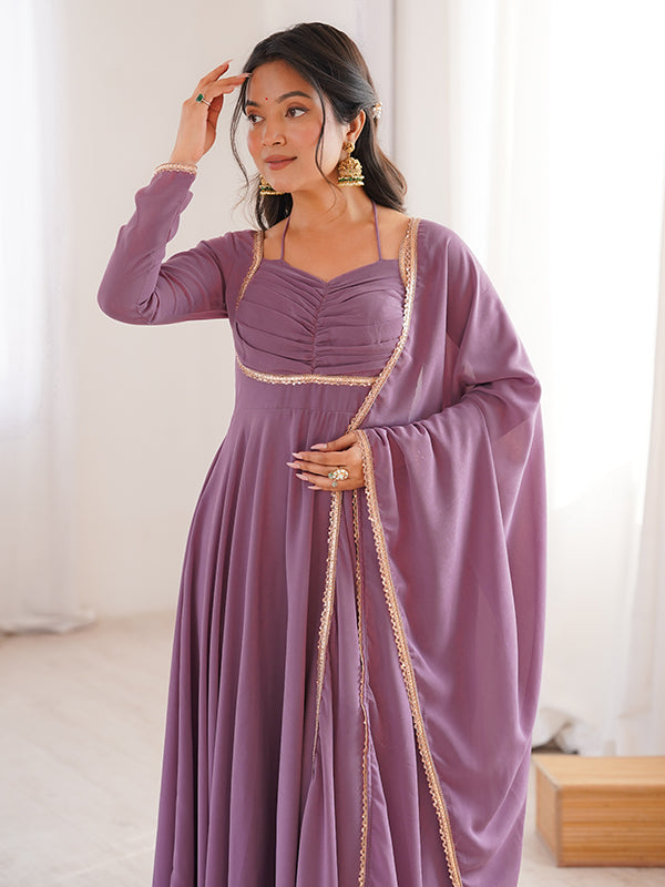 Mauve Pink Fox Georgette Umbrella Flair Fancy Neck Gown With Dupatta