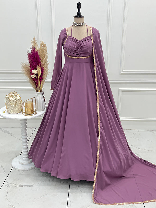 Mauve Pink Fox Georgette Umbrella Flair Fancy Neck Gown With Dupatta