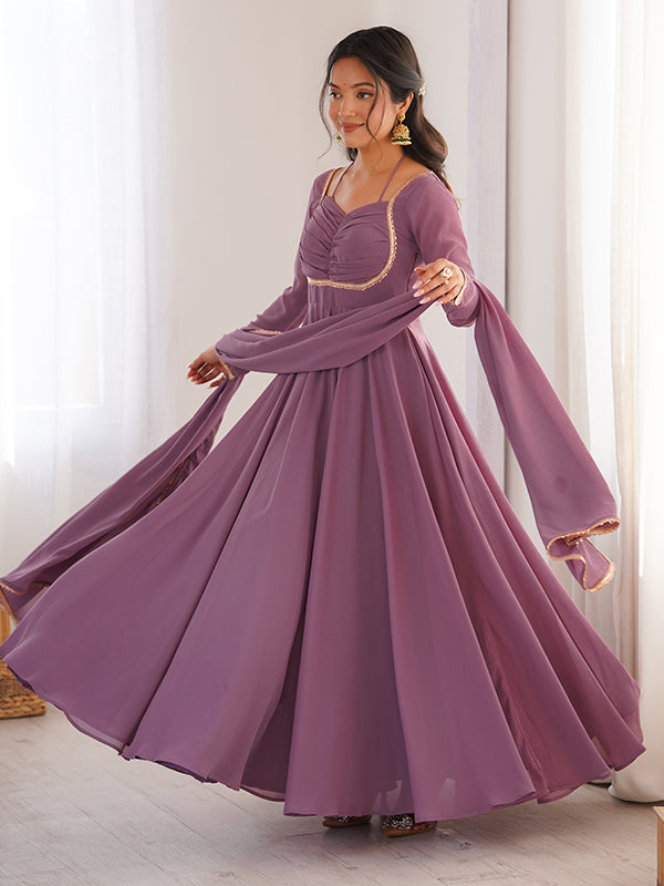 Mauve Pink Fox Georgette Umbrella Flair Fancy Neck Gown With Dupatta