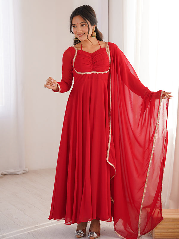 Red Fox Georgette Umbrella Flair Fancy Neck Gown With Dupatta