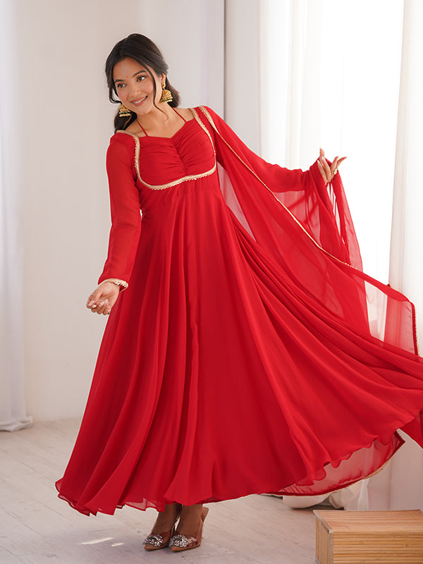 Red Fox Georgette Umbrella Flair Fancy Neck Gown With Dupatta
