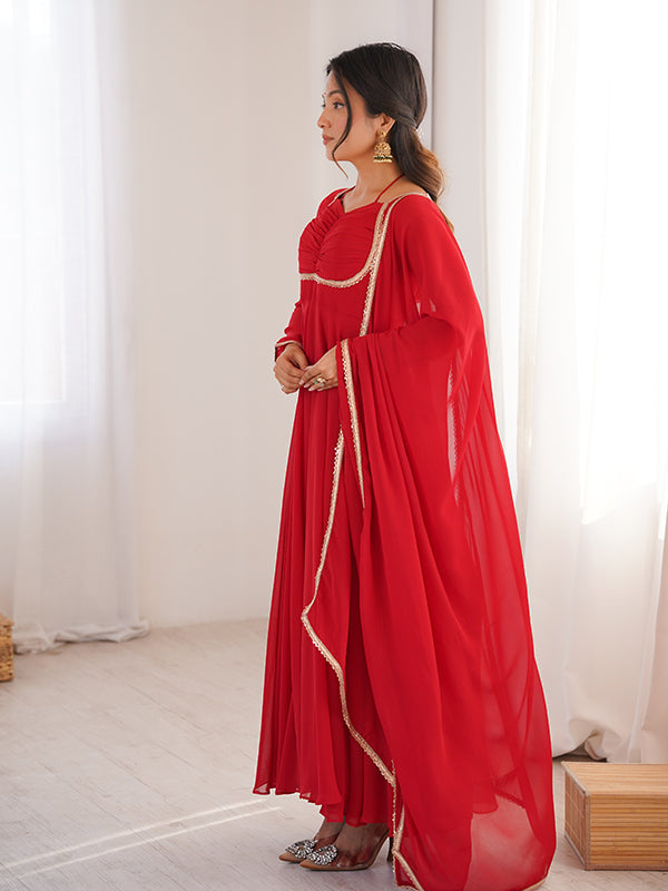 Red Fox Georgette Umbrella Flair Fancy Neck Gown With Dupatta