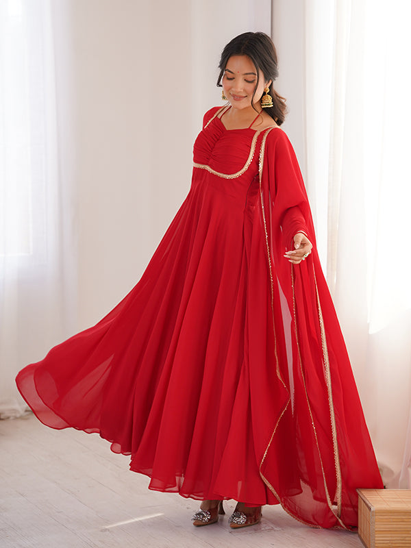 Red Fox Georgette Umbrella Flair Fancy Neck Gown With Dupatta