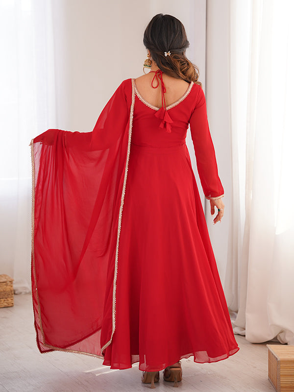 Red Fox Georgette Umbrella Flair Fancy Neck Gown With Dupatta