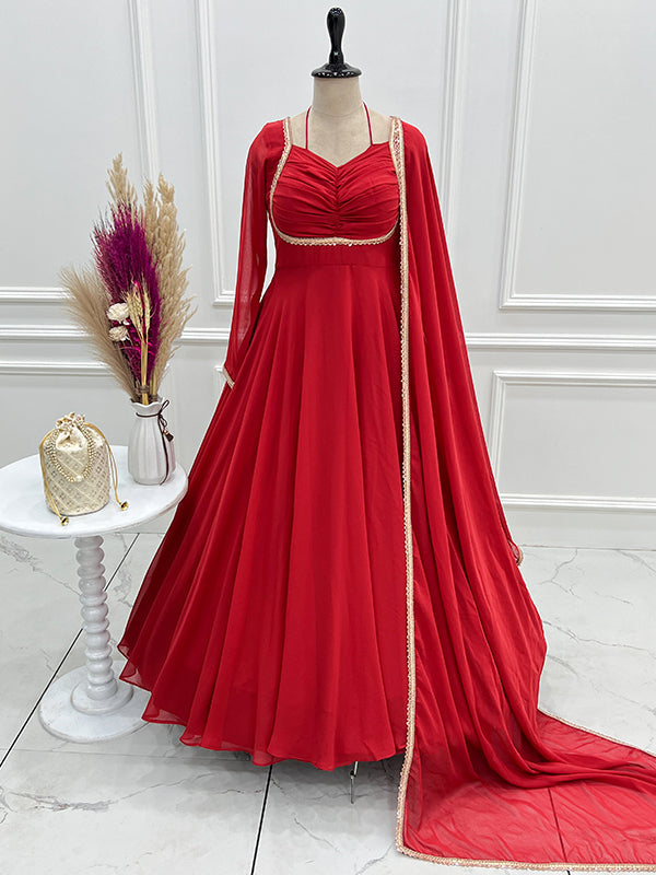 Red Fox Georgette Umbrella Flair Fancy Neck Gown With Dupatta