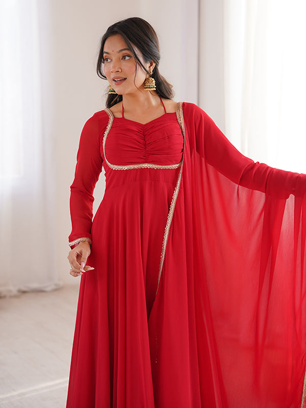Red Fox Georgette Umbrella Flair Fancy Neck Gown With Dupatta