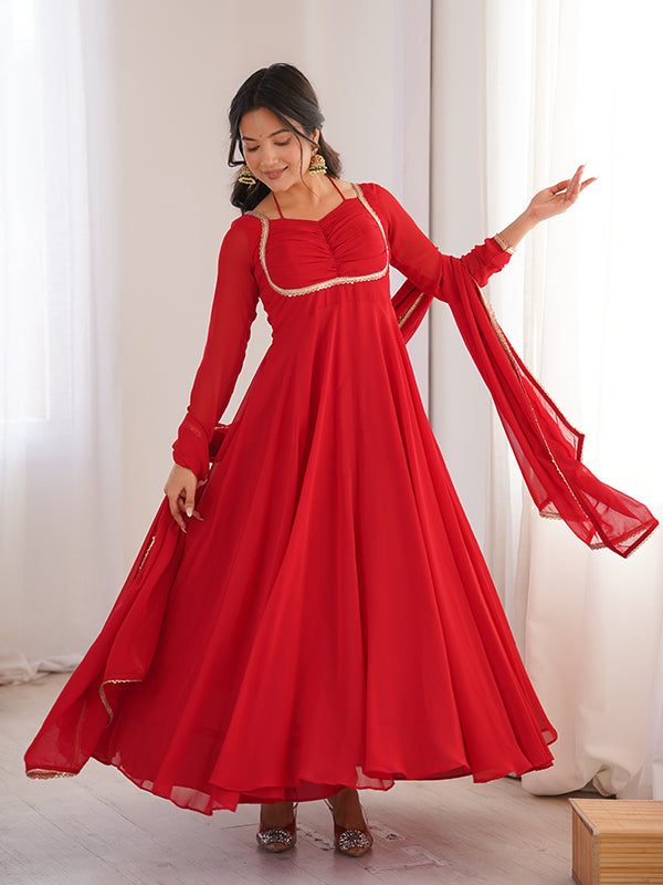 Red Fox Georgette Umbrella Flair Fancy Neck Gown With Dupatta