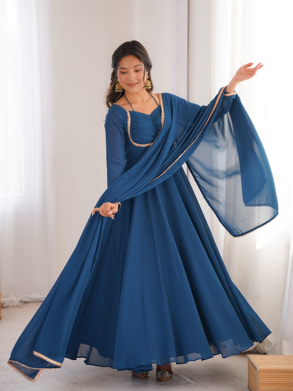 Teal Blue Fox Georgette Umbrella Flair Fancy Neck Gown With Dupatta