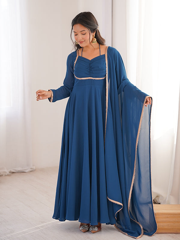 Teal Blue Fox Georgette Umbrella Flair Fancy Neck Gown With Dupatta