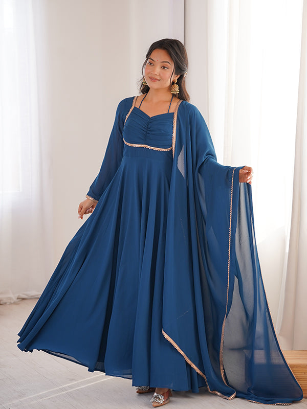 Teal Blue Fox Georgette Umbrella Flair Fancy Neck Gown With Dupatta