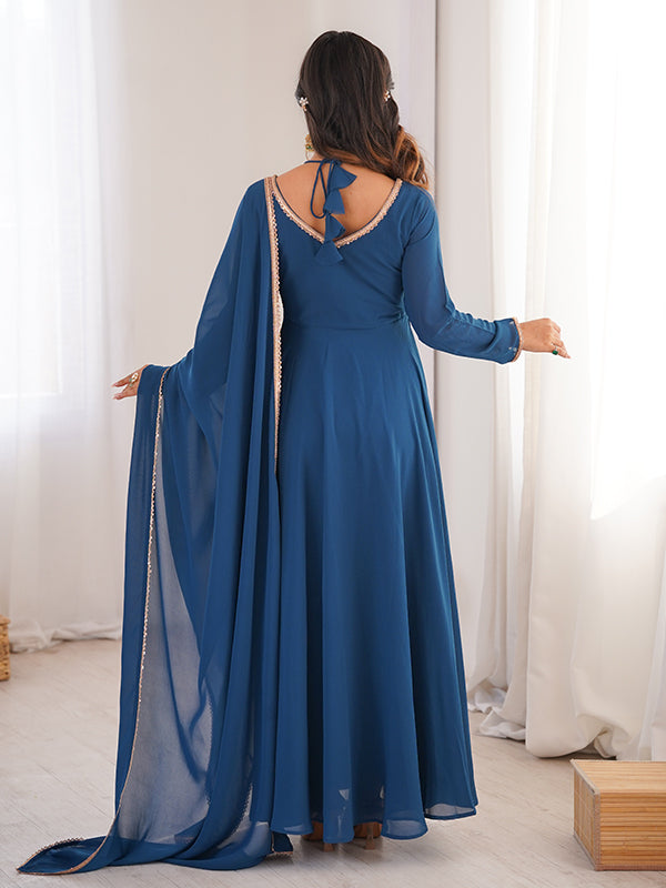 Teal Blue Fox Georgette Umbrella Flair Fancy Neck Gown With Dupatta