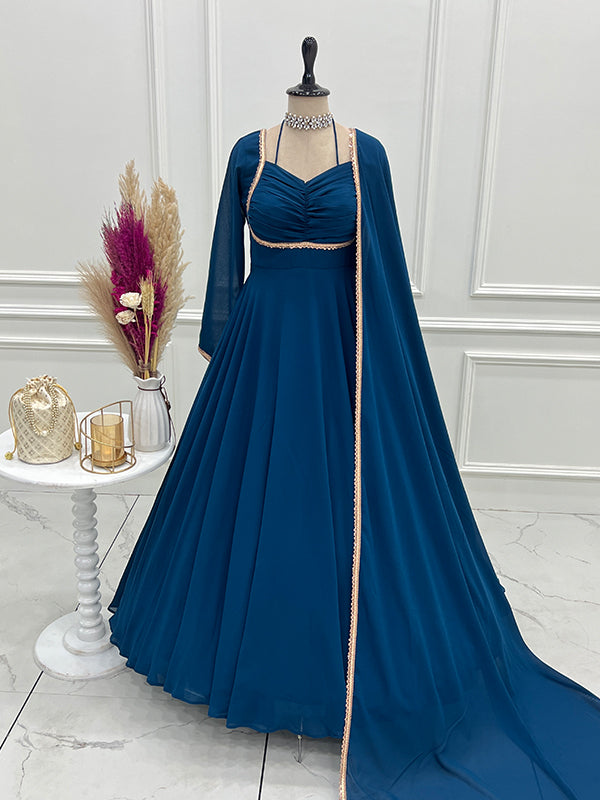 Teal Blue Fox Georgette Umbrella Flair Fancy Neck Gown With Dupatta