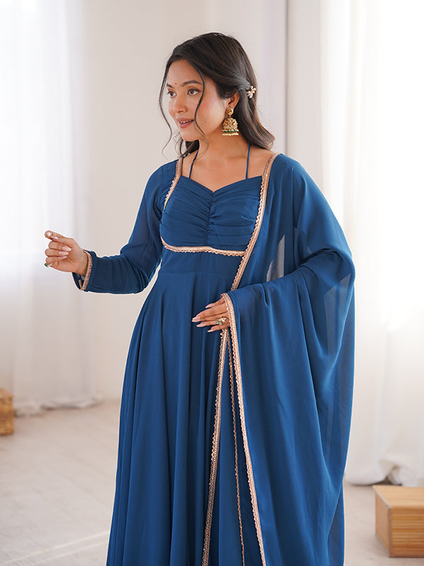 Teal Blue Fox Georgette Umbrella Flair Fancy Neck Gown With Dupatta
