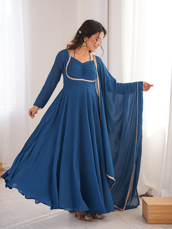 Teal Blue Fox Georgette Umbrella Flair Fancy Neck Gown With Dupatta