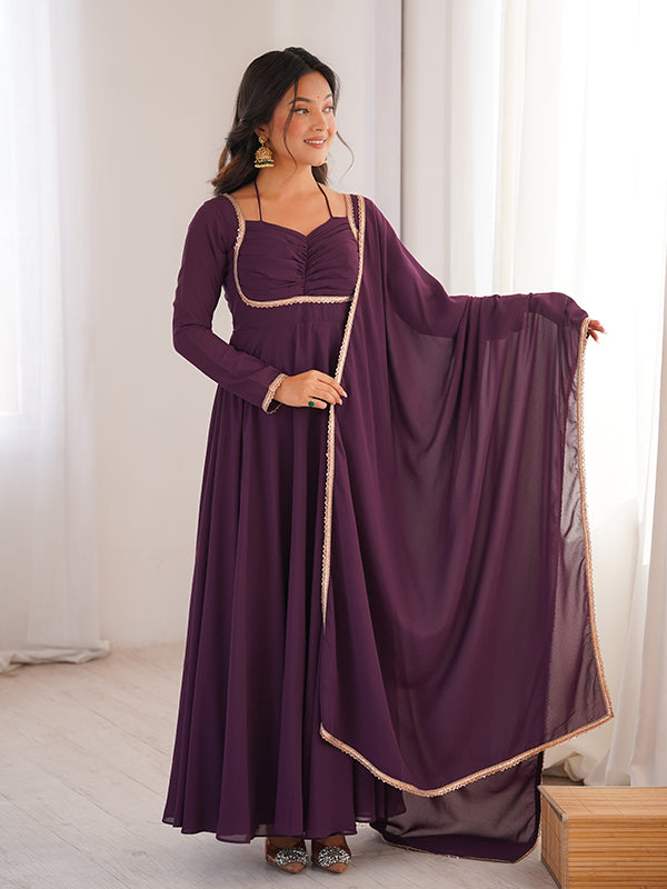 Wine Fox Georgette Umbrella Flair Fancy Neck Gown With Dupatta