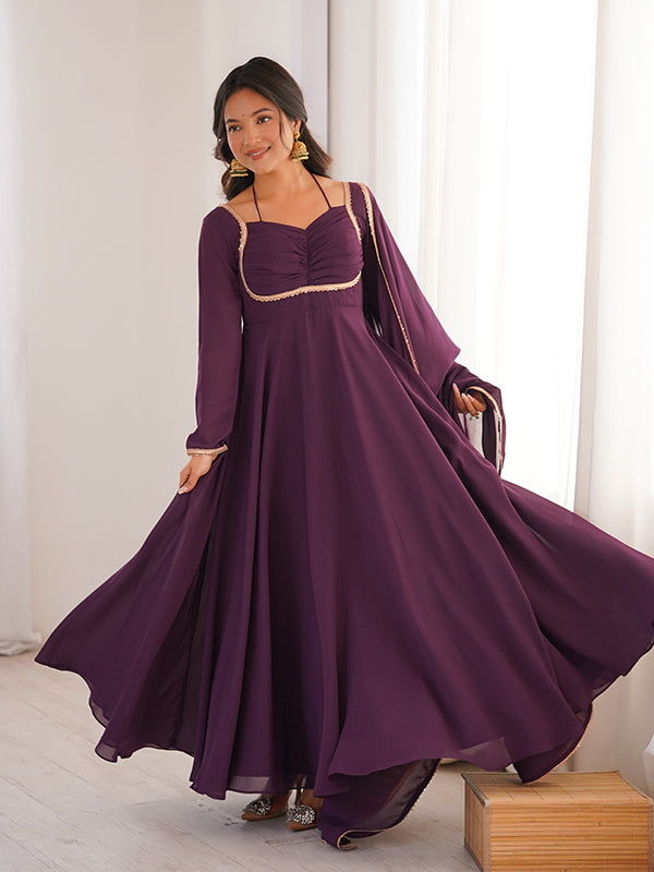 Wine Fox Georgette Umbrella Flair Fancy Neck Gown With Dupatta