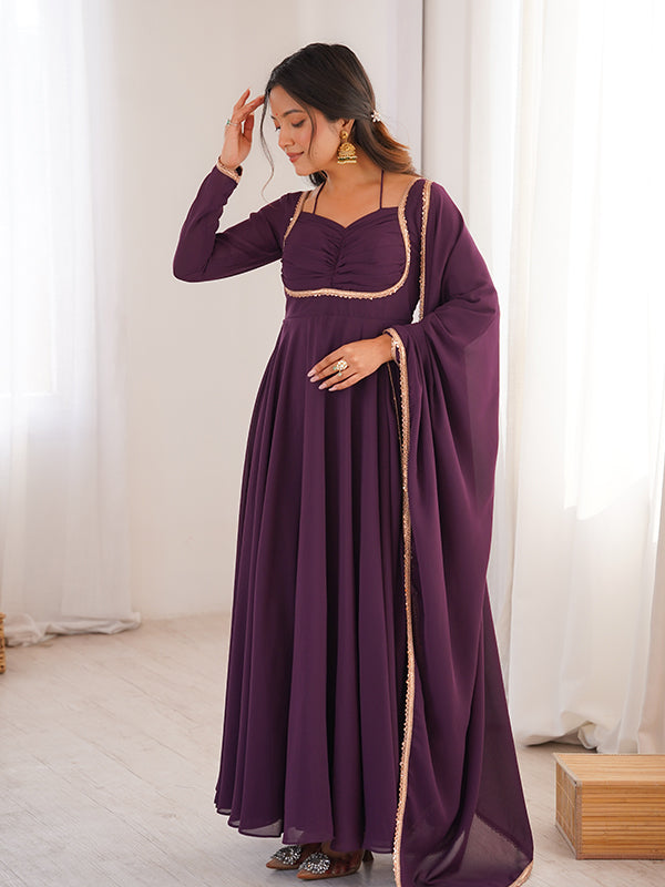 Wine Fox Georgette Umbrella Flair Fancy Neck Gown With Dupatta