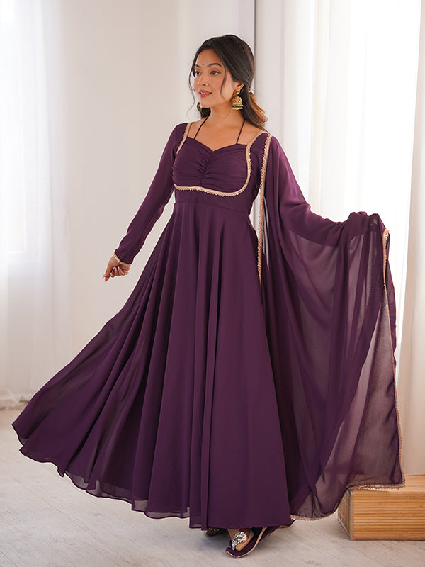 Wine Fox Georgette Umbrella Flair Fancy Neck Gown With Dupatta