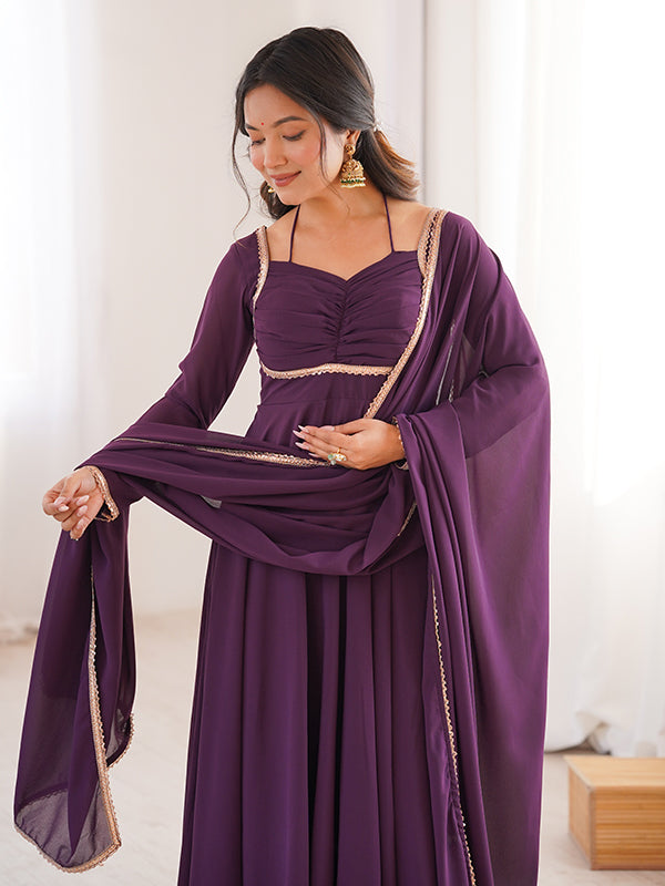 Wine Fox Georgette Umbrella Flair Fancy Neck Gown With Dupatta