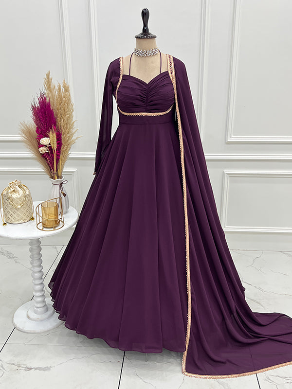Wine Fox Georgette Umbrella Flair Fancy Neck Gown With Dupatta
